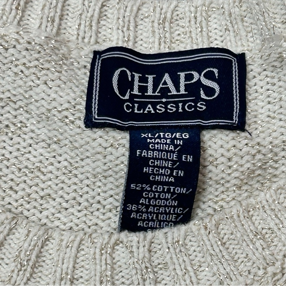 Chaps Cream Crewneck Cable Knit Sweater Woven With Sparkly Golden knit - Picture 3 of 6